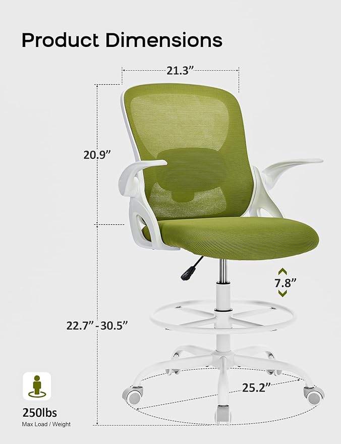 Drafting Chair Tall Office Chair with Flip-up Armrests Ergonomic Computer Standing Desk Chair with Comfy Lumbar Support and Adjustable Footrest Ring for Bar Height Desk(White-Green)