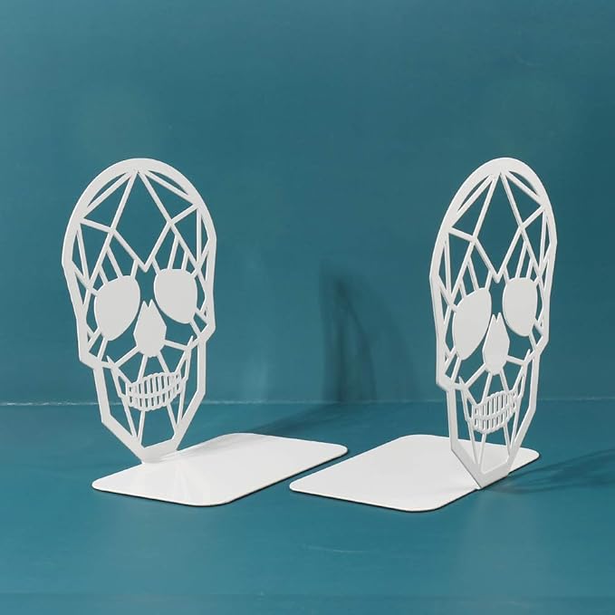 Metal Skull Design White Bookend - Heavy-Duty Bookends for Shelves, Skull Book Ends for Heavy Books, Book Shelf Holder Home Office Decorative Desktop Organizer (1 Pair-White)