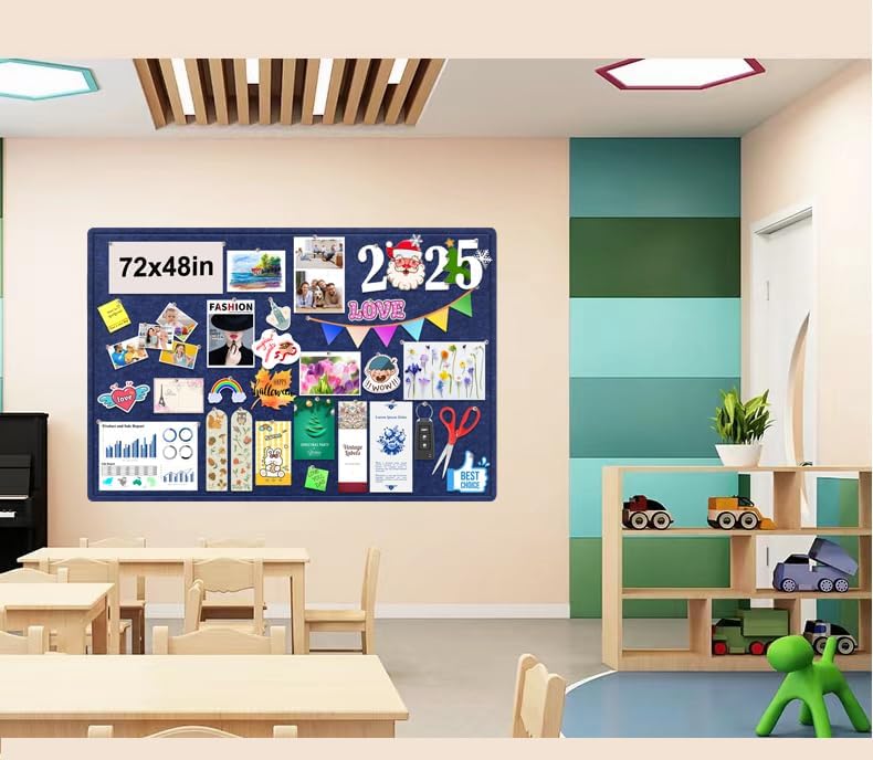 Large Bulletin Board, 72x48 Inches Cork Board Alternative, Large Felt Board Decorative Pin Board for Wall, Foldable Photo Board Self-Adhesive Vision Board with 36 Pushpins Dark Blue