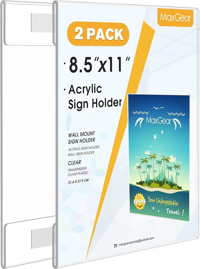 MaxGear Acrylic Sign Holder 8.5 x 11 Wall Mount Clear Plastic Sign Holders with Double-Sided Tape, Clear Sign Holder Paper Poster Door Document Flyer Acrylic Frame for Office, Home, Store, Restaurant