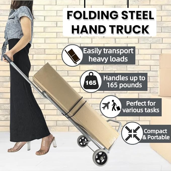 Folding Hand Truck with Silent Wheels, 165lbs Luggage Dolly Foldable Dolly Cart Lightweight Portable Folding Dolly Hand Cart Heavy Duty Utility Cart for Home Office Travel Use (Gray 2 Rubber Wheels)