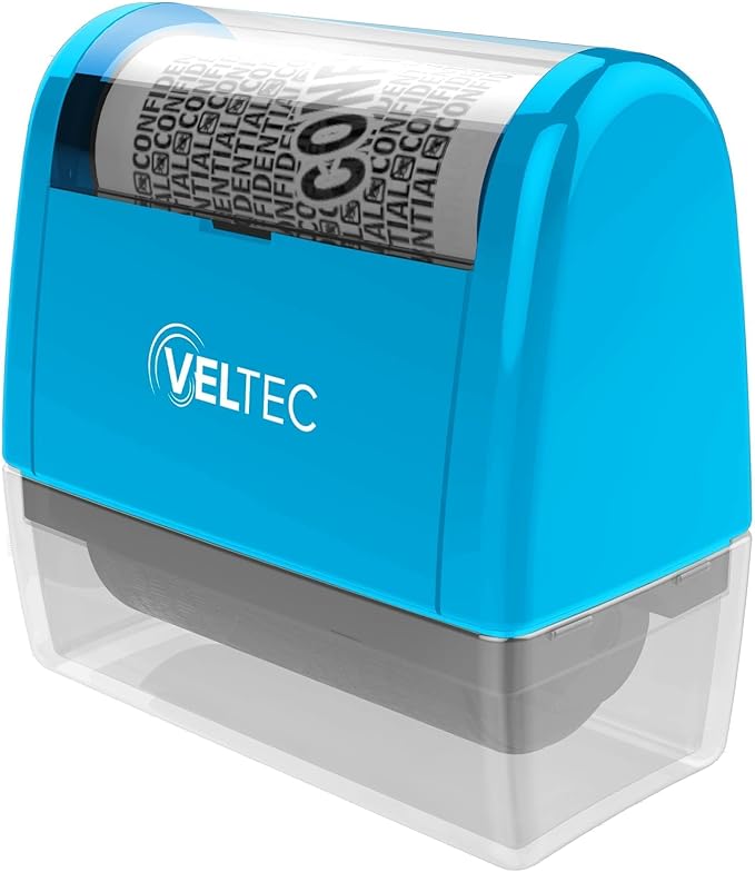 Veltec ID Protector Ink Roller - Identity Theft Protection Roller Stamp Set (Blue, Stamp+3 Refills)