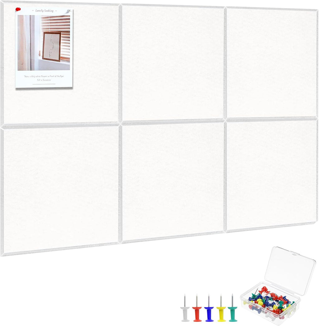 Large Cork Board 36" x 24", 6 Pack Felt Wall Tiles with Colored Pushpins, Bulletin Board with Removable Self-Adhesive Strips, Pin Board Cork Boards for Walls Office Home-White
