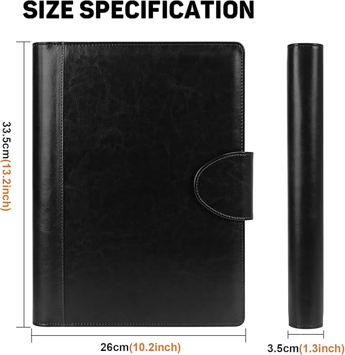 Toplive Padfolio Folder 3 Ring Binder PU Leather Portfolio, Business Interview Resume Portfolio A4/ Letter Size Document Organizer with Clipboard for Women Men, Black