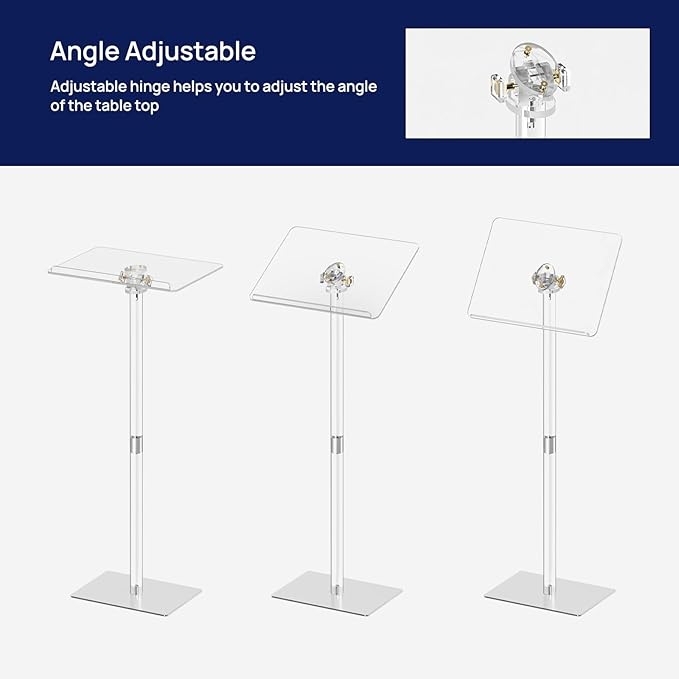 HMYHUM Small Acrylic Podium Stand, Angle Adjustable, 17.7" L x 13" W x 42.3" H, Modern Lecterns & Pulpits for Classroom, Concert, Church, Speech, Easy Assembly, Metal Base, Clear