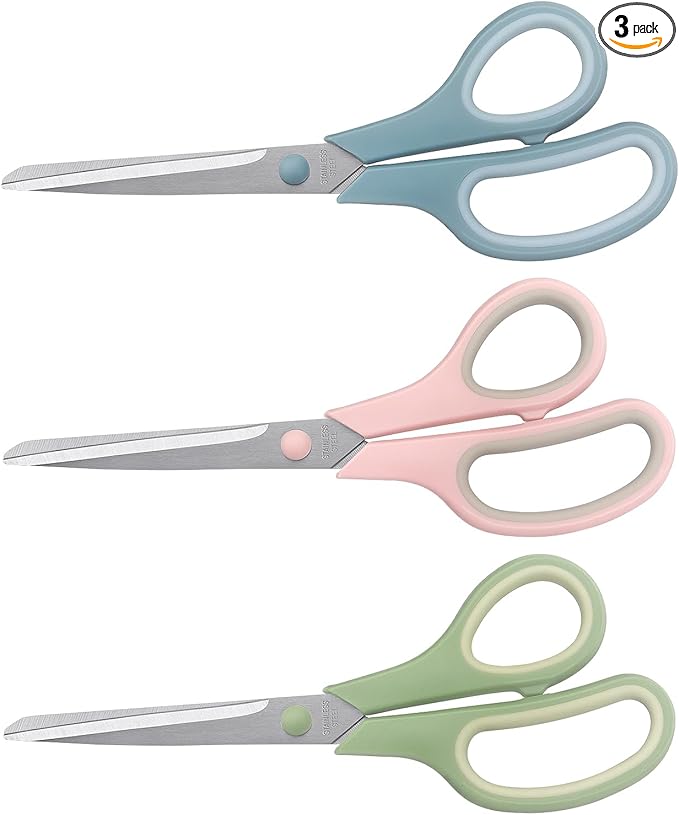 Scissors 8.5 Inch Multipurpose Scissors Bulk Set of 3, Durable and Sharp Scissors for Office Home School Sewing Fabric Craft Supplies, Soft Comfort-Grip Right/Left Hand