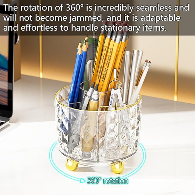 360° Rotating Pencil Holder for Desk, Makeup Brush Holder with 6 Slots, Desk Organizer for Writing Utensil, Office and School Supplies (Transparent)