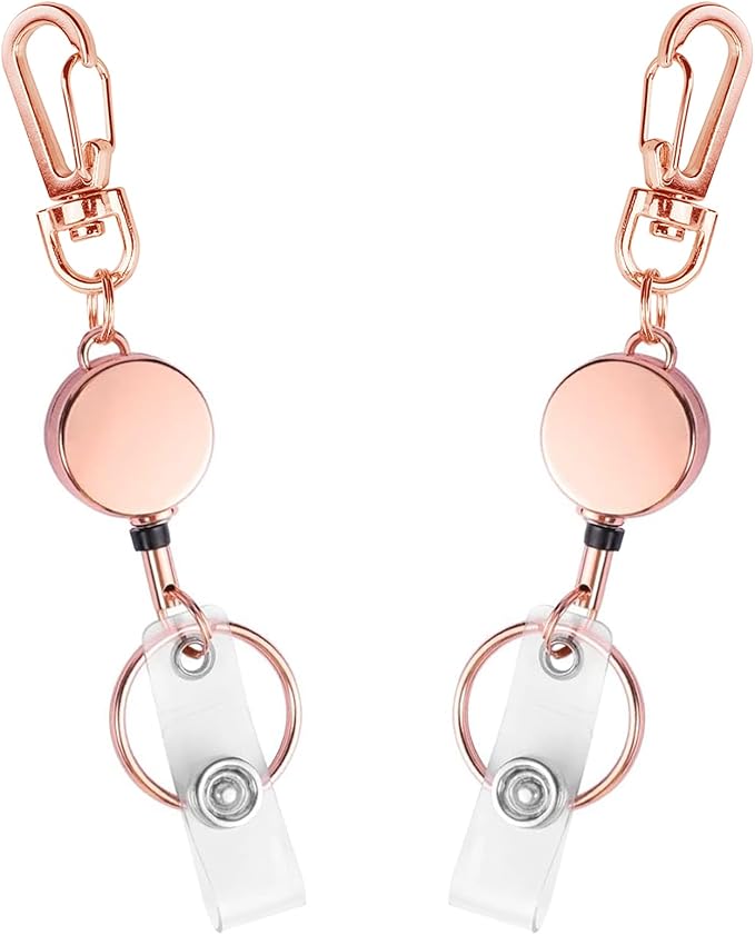 2 Pack Metal Retractable Badge Reel ID Badge Holder with Cord and Carabiner Key Chain (Rose Gold)