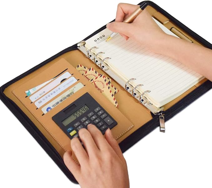 SAYEEC Executive Conference Folder A5 Zipped Portfolio Binder Faux Leather Padfolio Refillable Business Notebook Organizer with Calculator Loose Leaf Paper Gift for Man Women