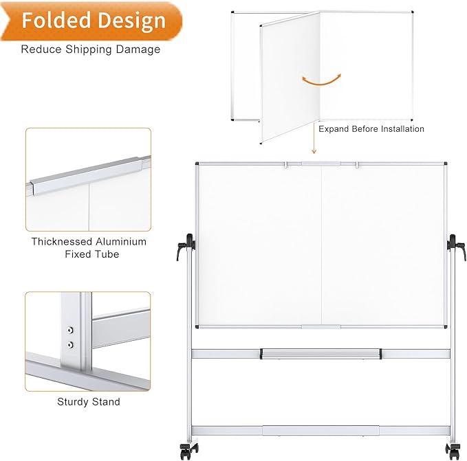 VIZ-PRO Double-Sided Mobile Whiteboard, 96 x 48 Inches, Magnetic Rolling Dry Erase White Board on Wheels with Aluminium Frame and Stand