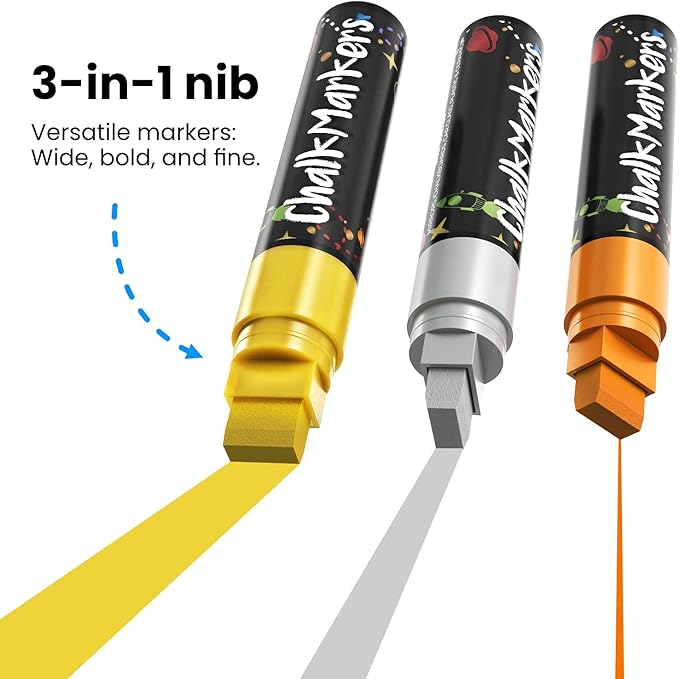 Metallic Chalk Markers (8 Pack) Liquid Chalk Pens for Blackboards, Chalkboard, Bistro Menu, Window Markers for Cars - Wet Wipe Erasable - 15mm Jumbo Nib