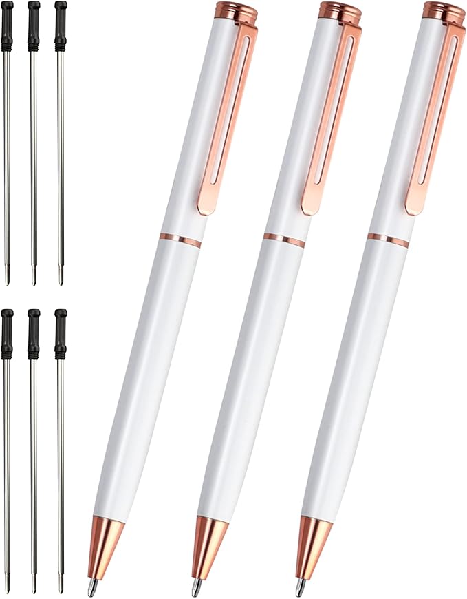 Cambond Ballpoint Pens White Pen - Fancy Pens Black Ink 1.0 mm Medium Point Retractable Metal Pen Smooth Writing for Men Women Police Uniform Office Business, 3 Pens with 6 Refills (White)
