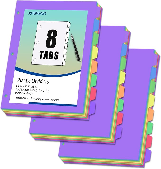 3 Sets Dividers for 3 Ring Binder,8 Tab Plastic Binder dividers with Tab,Colored Binder Separators for Letter Size,Write on Page Dividers for Shool Office Home