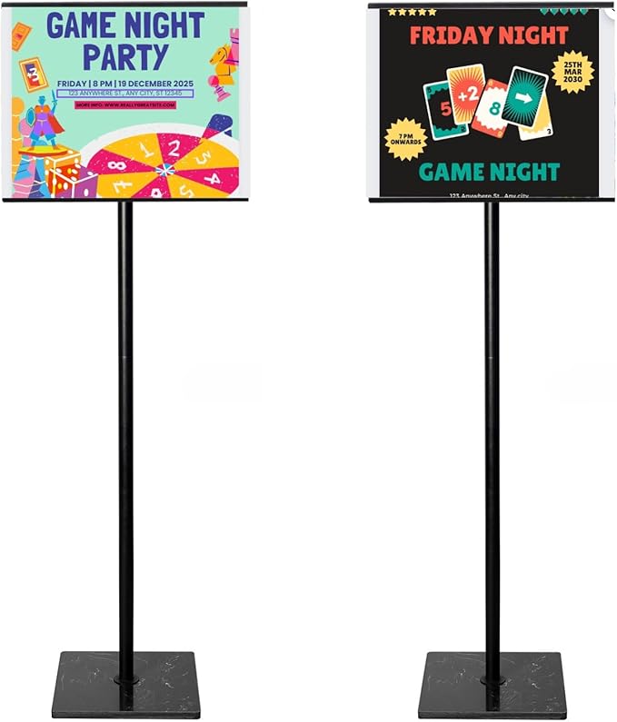Adjustable Poster Sign Holder Stand 11x17 , Sign Holder Stand with Heavy Duty Marble Base, Reusable Sign Holder Vertical & Horizontal View Display for Indoor Outdoor Standing, 2 PACK（Square）