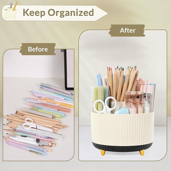 SKYDUE 360 Degree Rotating Desk Organizer, Dual-Purpose Pencil Pen Holder for Desk, Rotating Desk Pen Organizer with 5 Slots, Pencil Cup for Office, School, Home (Beige-Black)