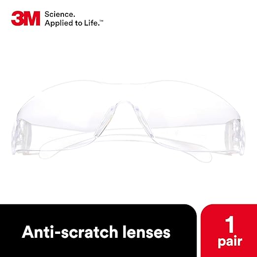 3M Safety Glasses, Virtua, 1 Pair, ANSI Z87, Clear Hard Coat Lens, Clear Frame, Economical Eyewear Protection, Lightweight, Wraparound Coverage, UVA, UVB, UVC