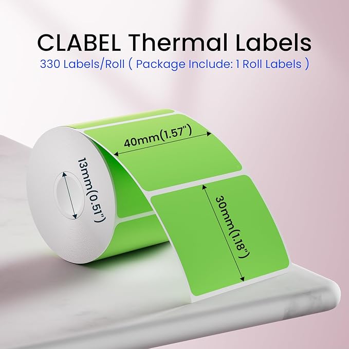 CLABEL Thermal Label 1.57'' x 1.18'' (40x30mm) Self-Adhesive Stickers for 220B/221B/230B Label Maker 330 Labels/Roll Black Text on Green Paper in Stronger Waterproof Tear-Resistant for Business Home