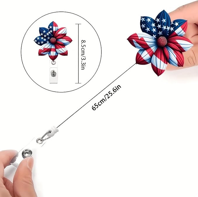 4th of July Flower Badge Holder Retractable with Acrylic Designs Nurse Badge Reel Blue Red Alligator Clip ID Card Patriotic Badge Clip for Teacher Student Independence Day Office Accessories