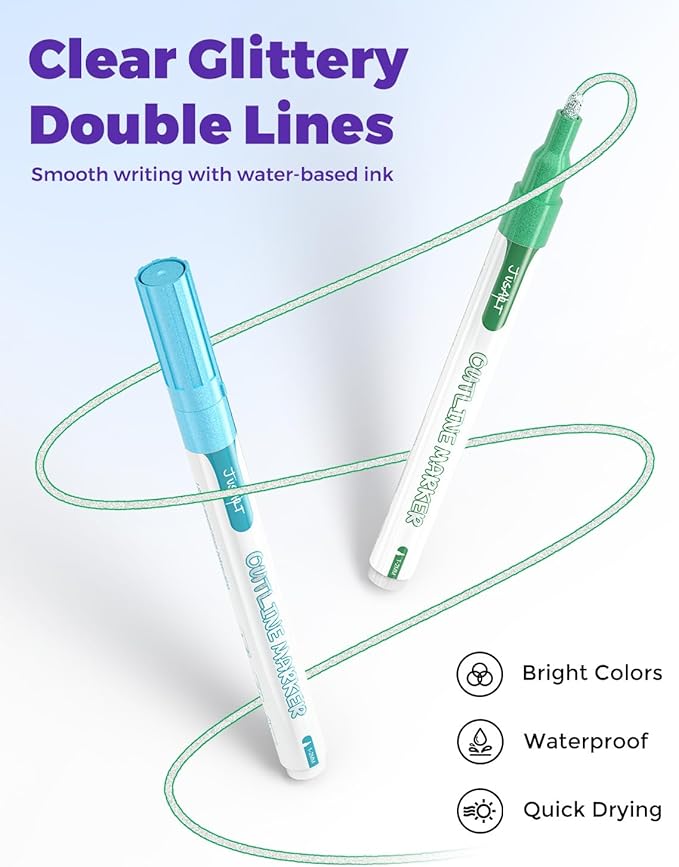 JusArt Outline Markers 18 Colors, Double Line Glitter Markers for Greeting Card Art Crafts, Girls Teens Stocking Stuffers Shimmer Markers, Metallic Sparkle Markers Painting Drawing Supplies