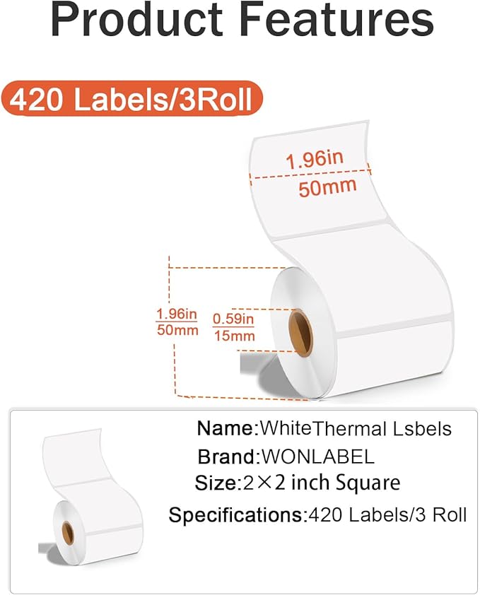 2inch Square Thermal Labels Self-Adhesive, 420 Sheets/Roll Printer Labels for Business and Home, Thermal Sticker for/Shipping/Packaging/DIY Logo Design/Thanks Card/Inventory