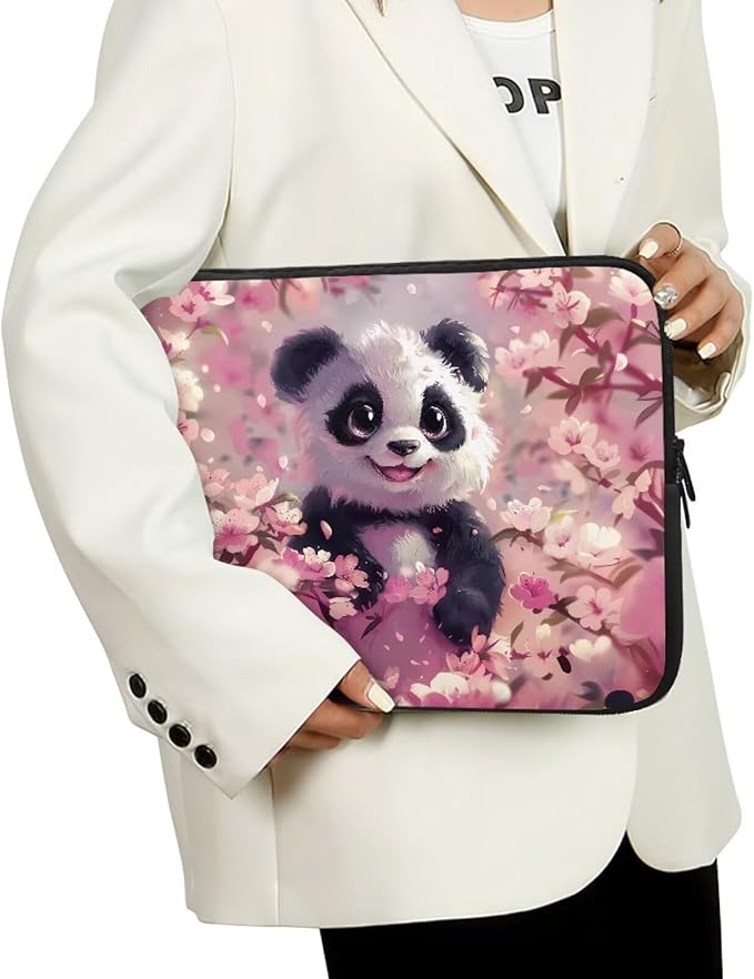 Panda Cherry Blossom Printed Computer Case Bag for Girls Boys, Washable 13 Inch Laptop Bag Carrying Case Laptop Briefcase Neoprene with Zipper, Compatible with Various Computers, Pink