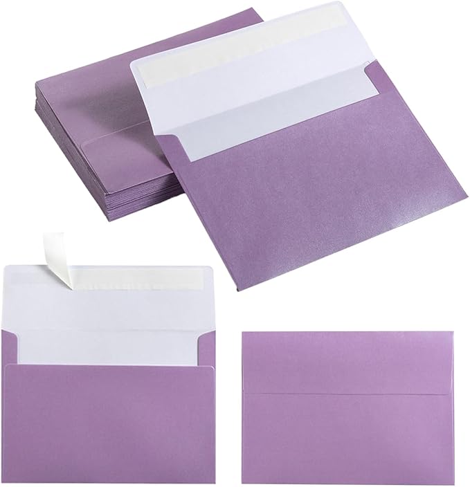 50 Pieces Metallic Color Self Seal Envelopes for Greeting Cards, Invitations, Postcards (Purple, 4x6)