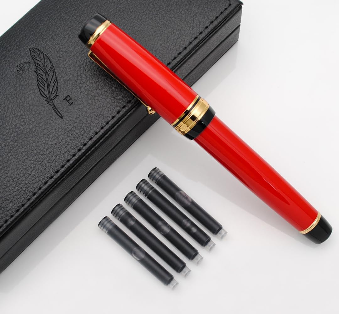 Metal Big Fountain Pen Set Medium Nib 0.7mm, Includes Ink Refill Converter, 5 Ink Cartridges & Gift Box (Medium Nib 0.7mm, Red)