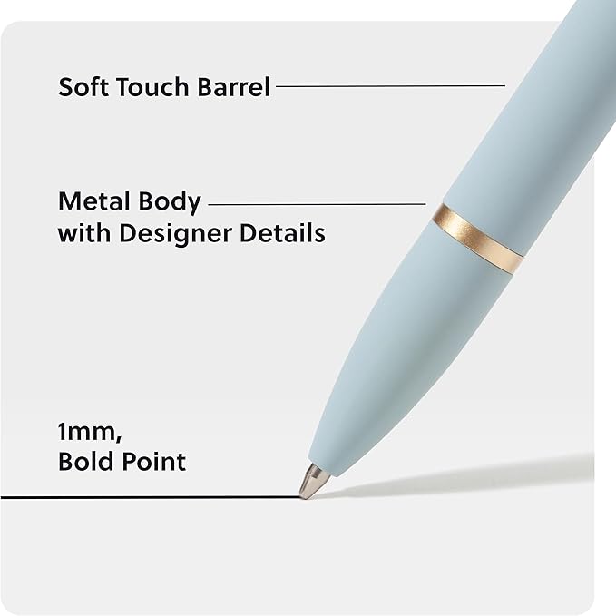 U Brands Monterey Ballpoint Pens, 6 Count, Bright Pastels, Soft Touch, Gold Details, Bold (1.0 mm) Point, Black Ink