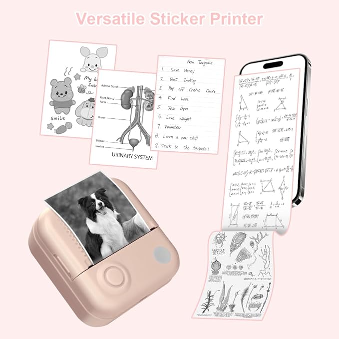 Mini Printer,Thermal Printers Sticker Maker with 3 Rolls Paper,Portable Wireless Bluetooth Inkless Printer, Recharge Pocket Label Maker, Small Printer for Scrapbook Supplies,Photo, Pink