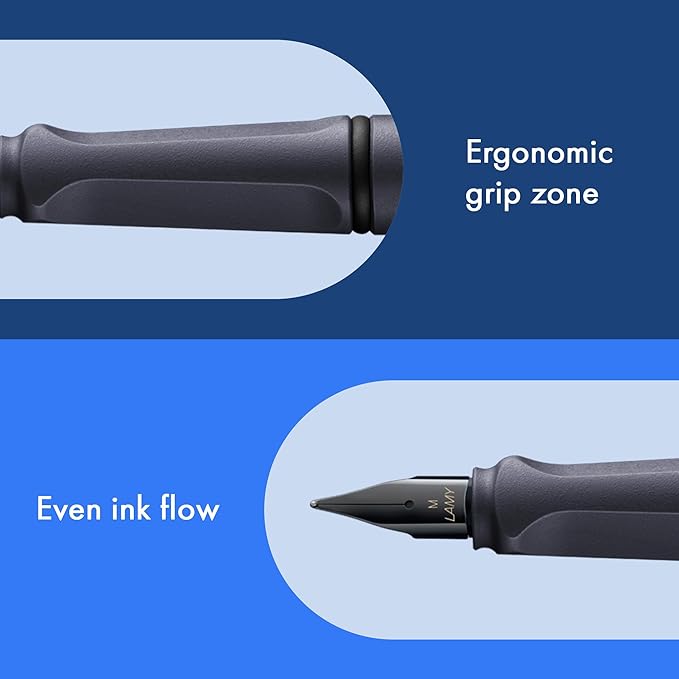 LAMY safari steel black - Fountain Pen with ergonomic grip & polished steel nib in size B - ideal for any Writing & Calligraphy - including LAMY T 10 blue cartridge - Right-Handed