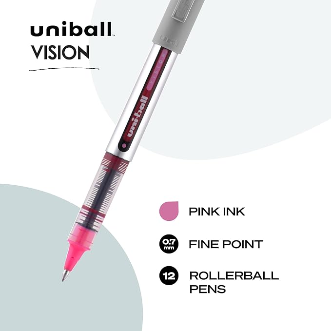 Uni-Ball 60384 uni-ball Vision Rollerball Pens, Fine Point (0.7mm), Pink, 12 Count