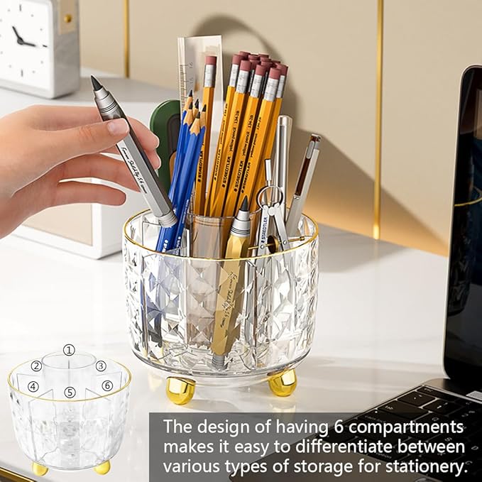 360° Rotating Pencil Holder for Desk, Makeup Brush Holder with 6 Slots, Desk Organizer for Writing Utensil, Office and School Supplies (Transparent)