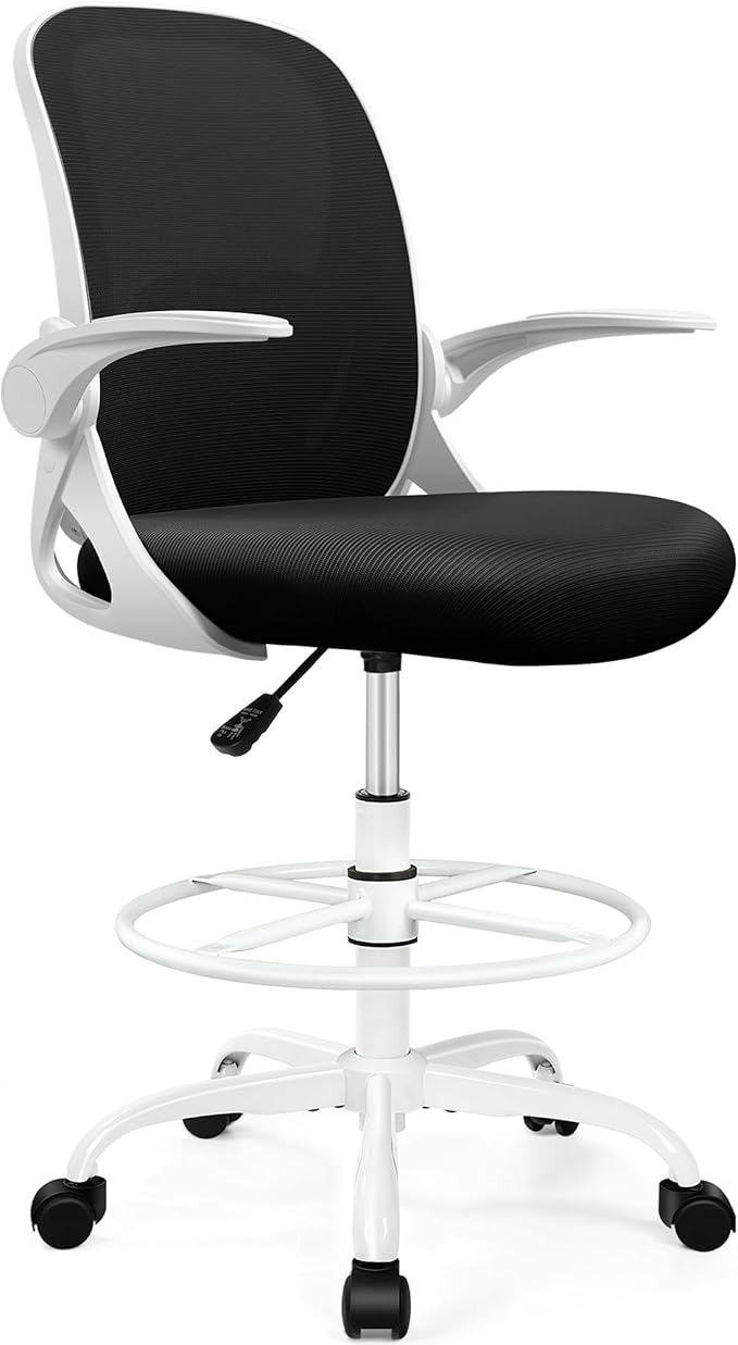 Drafting Chair Tall Office Chair with Flip-up Armrests, Adjustable Height, and Enhanced Lumbar Support - Ergonomic Rolling Stool, Back Support, and Adjustable Foot Rest Ring for Standing Desk White