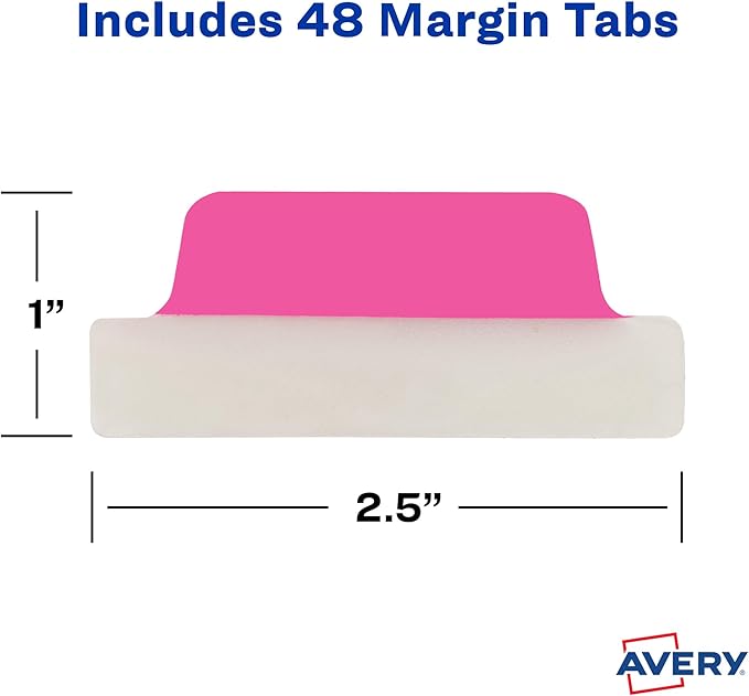 Avery Margin Ultra Tabs, 2.5" x 1", 2-Side Writable, Assorted Neon Colors, 48 Repositionable Page Tabs (74865)