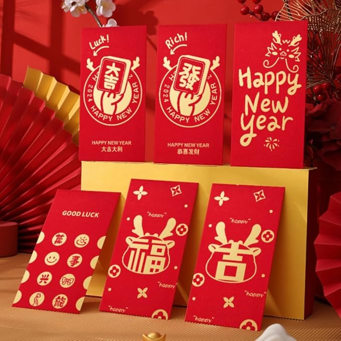 Red Envelopes Chinese 12 PCS,Lucky Money Envelopes,Gold Foil New Year Wishes Envelopes Red Pocket Hong Bao 6 Designs For 2024 The Dragon Lunar Year Spring Festival Birthday Wedding Party Cash Gifts
