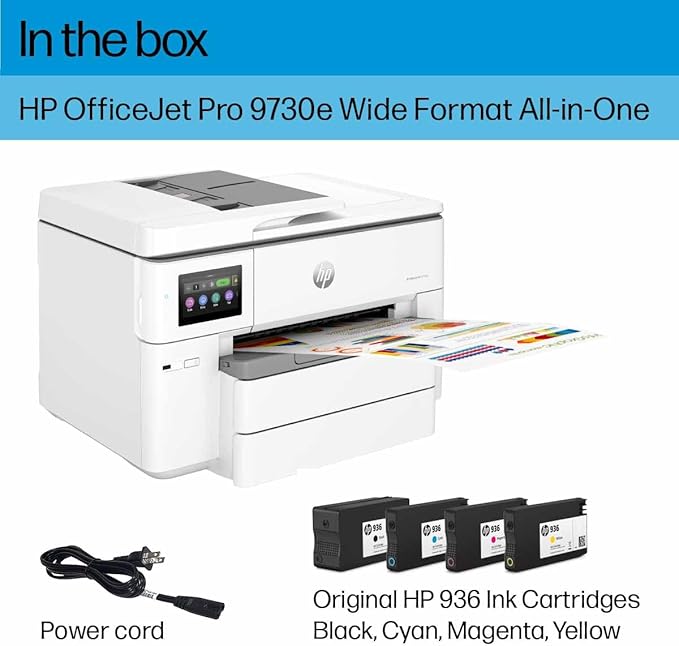 HP OfficeJet Pro 9730e Wide Format Wireless All-in-One Color Inkjet Printer, Print, scan, Copy up to 11x17', ADF, Duplex Printing Best for Office, 3 Months of Instant Ink Included (537P6A)