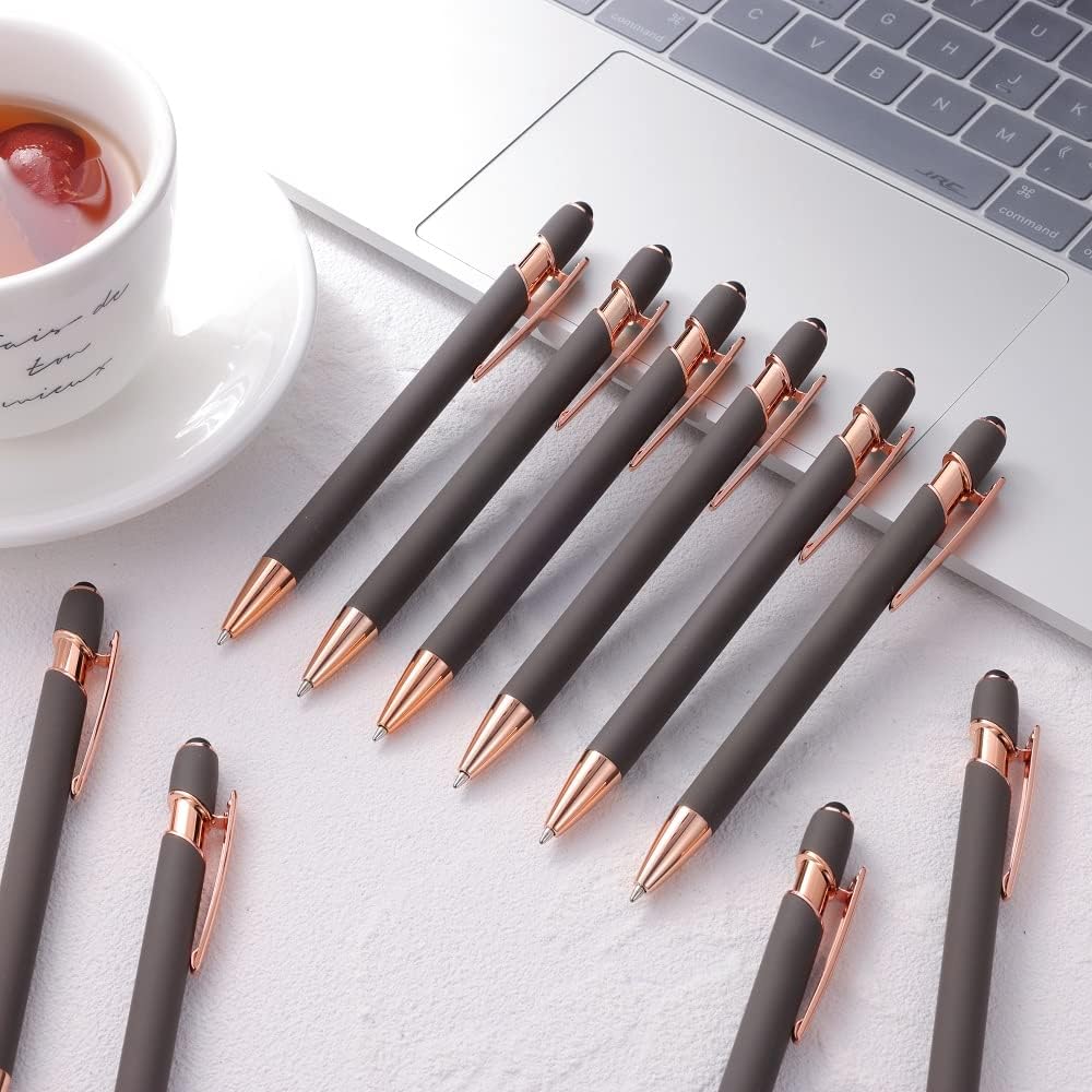12 PCS 2 in 1 Stylus Ballpoint Pen with Stylus Tip, 1.0 mm Black Ink Metal Pen Stylus Pen for Touch Screens (Rose Gold & Gray)
