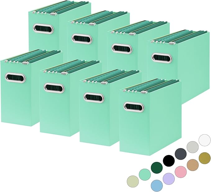 Oterri File Organizer, Small Storage Box, Cardboard File Folder Organizer, Collapsible File Box, Hanging File Organizer for Letter Size, Portable File Box with Handle, Only Box (Mint Green,8 Packs)
