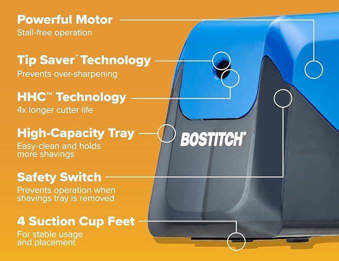 Bostitch Office Battery Pencil Sharpener, 4X Longer Cutter Life, Tip Saver Technology, Blue