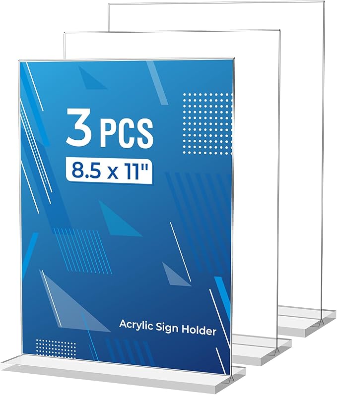 3 Pack Acrylic Sign Holder 8.5 x 11 Inches, Clear Menu Holder Stand, Vertical Flyer Display Stand, Table Paper Holder, Desk Brochure Holder, Plastic Sign Display Stand for Restaurants, Office, Store