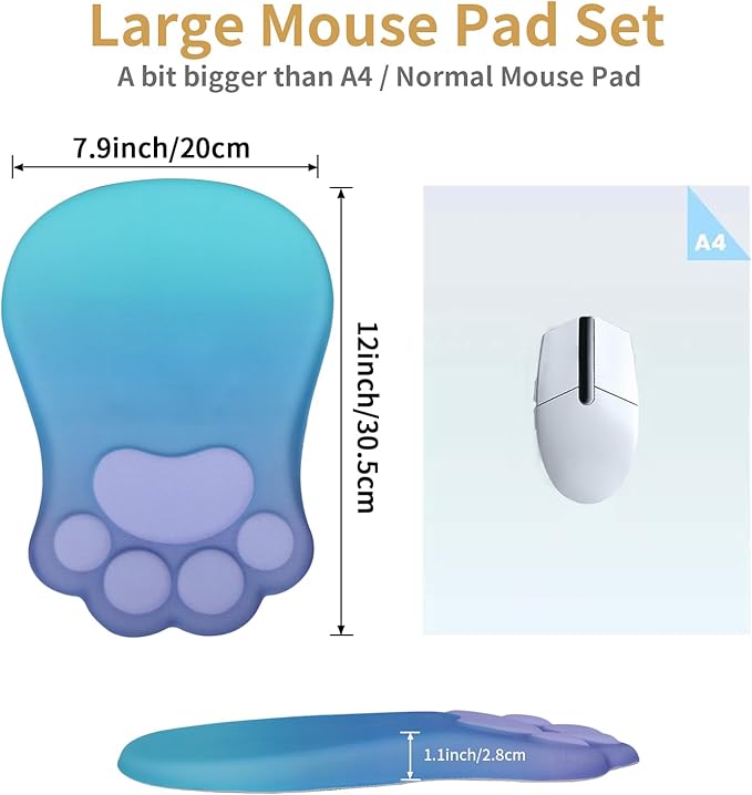 Ergonomic Mouse Pad with Wrist Rest,Cute Cat Paw Mousepad Wrist Support,Comfortable Massage Design Computer Pain Relief Mouse Pad with Non-Slip PU Base for Desk Laptop Gaming,Purple&Green