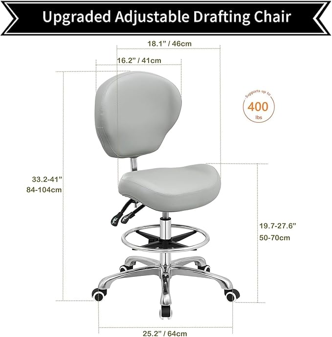 Kaleurrier Adjustable Stools Drafting Chair with Backrest & Foot Rest,Tilt Back,Swivel Seat,Rolling Wheels,for Studio,Dental,Office,Salon and Counter,Armless Tall Home Desk Chairs (Grey)