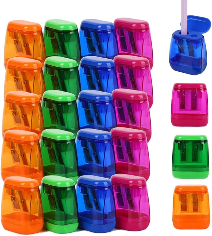 Colored Manual Pencil Sharpeners in Bulk, BOPART 24pcs Small Handheld Pencil Sharpener Dual Holes with Lid for Kids Adults at Classroom School Office Home