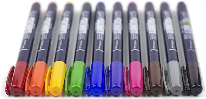 Tombow 56429 Fudenosuke Colors Brush Pens, 10-Pack. Hard Tip Fudenosuke Brush Pens in Assorted Colors for Calligraphy and Art Drawings