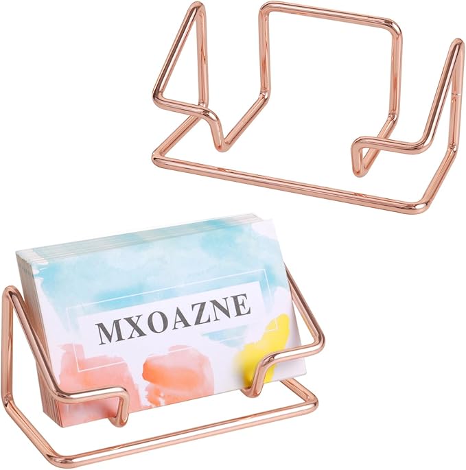 Business Card Holder for Desk, Metal Business Card Holder Display Stand, Desktop Business Card Organizer for Women, 2 Pack, Rose Gold