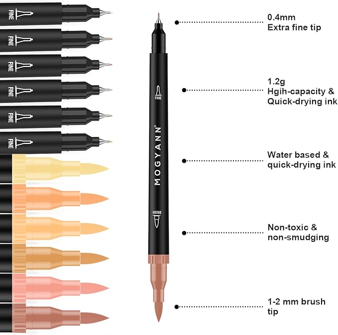 Mogyann Skin Tone Markers, 12 Pack Dual Brush Pens for Art Drawing Sketching