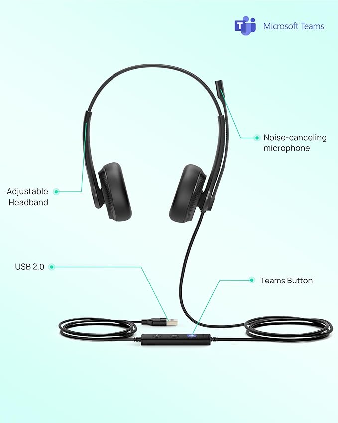 Yealink UH34 USB Headset with Microphone for PC Laptop,Wired Headset with Noise-Cancelling Microphone,Teams Certified, in-Line Controls for Home Office Online Class Skype Zoom Meetings
