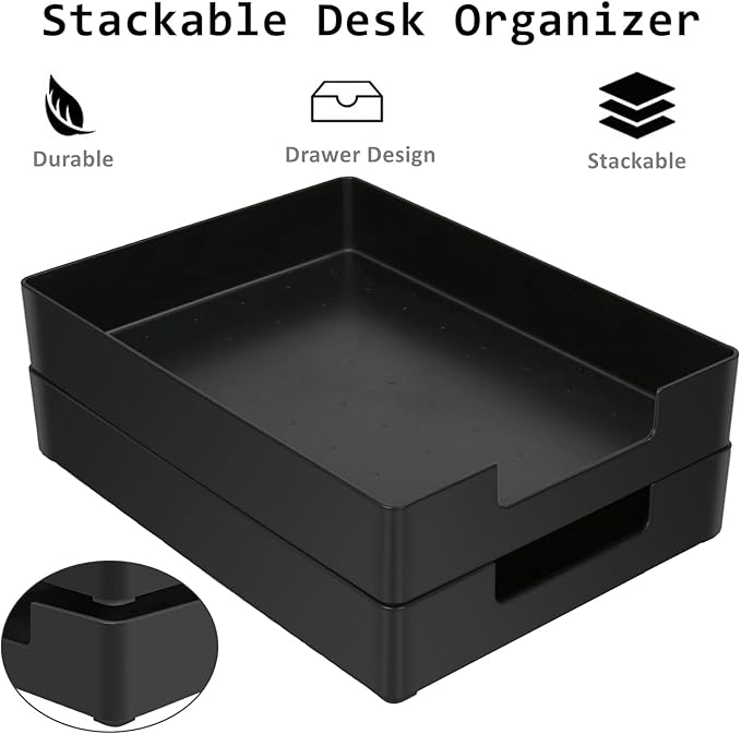 Paper Tray, 2pc Letter Tray, Paper Organizer for Desk, Stackable Front-Load A4 Paper File Folder Magazine Storage Holder, Drawer Organizer, Office Desktop Accessories Workspace Document Organizer