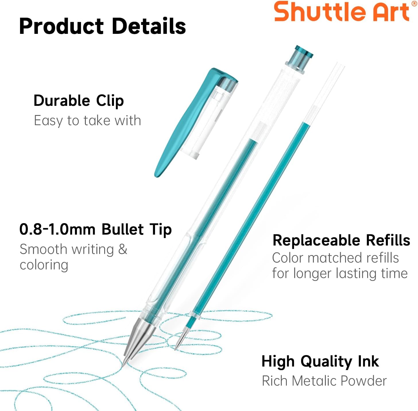 Shuttle Art 50 Pack Metallic Gel Pens, 25 Metallic Gel Pens Set with 25 Refills Perfect for Adult Coloring Books Doodling Drawing Art Markers