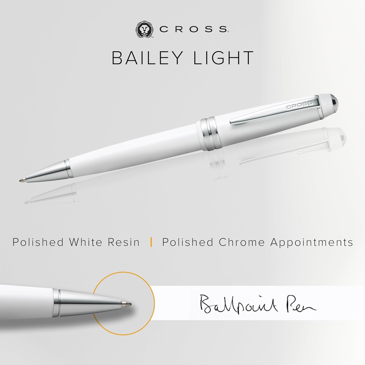 Cross Bailey Light Refillable Ballpoint Pen Presented in a Everyday Gift Box - Medium Point, Black Ink, Polished White